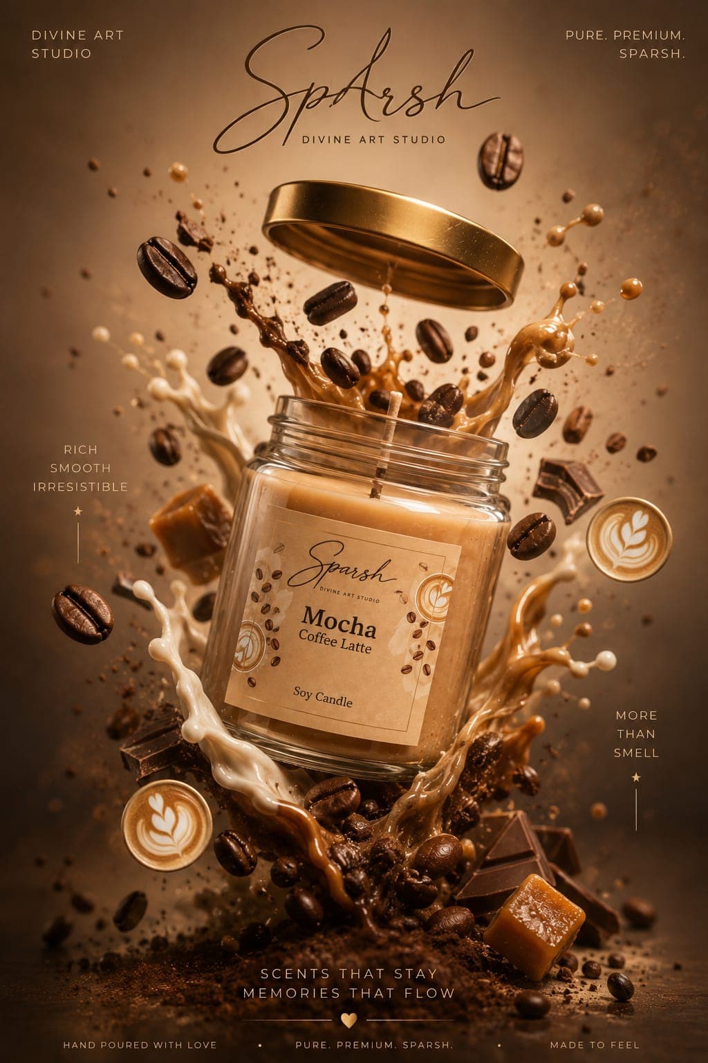 SpArsh Mocha Coffee Latte soy candle in a splash of coffee and cream